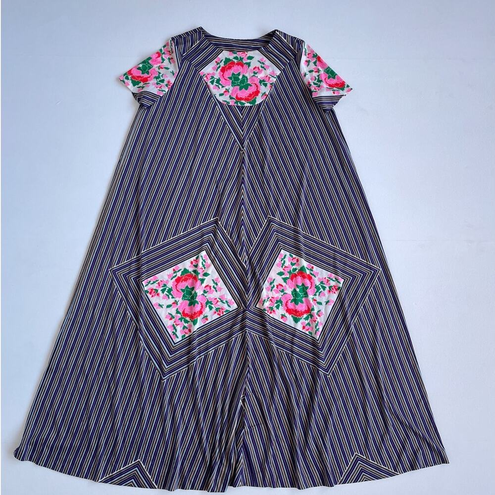 Vtg 70s Geometric Floral Polyester Psychedelic Maxi Tent Dress / L MuuMuu Retro